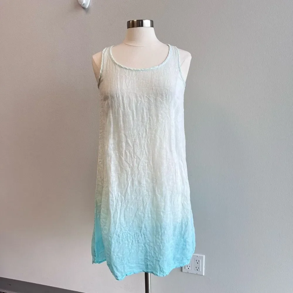 Eileen Fisher Woman Petite Small PS Mini Tank Dress 100% Linen Blue Ombre Sheer - Picture 2 of 11
